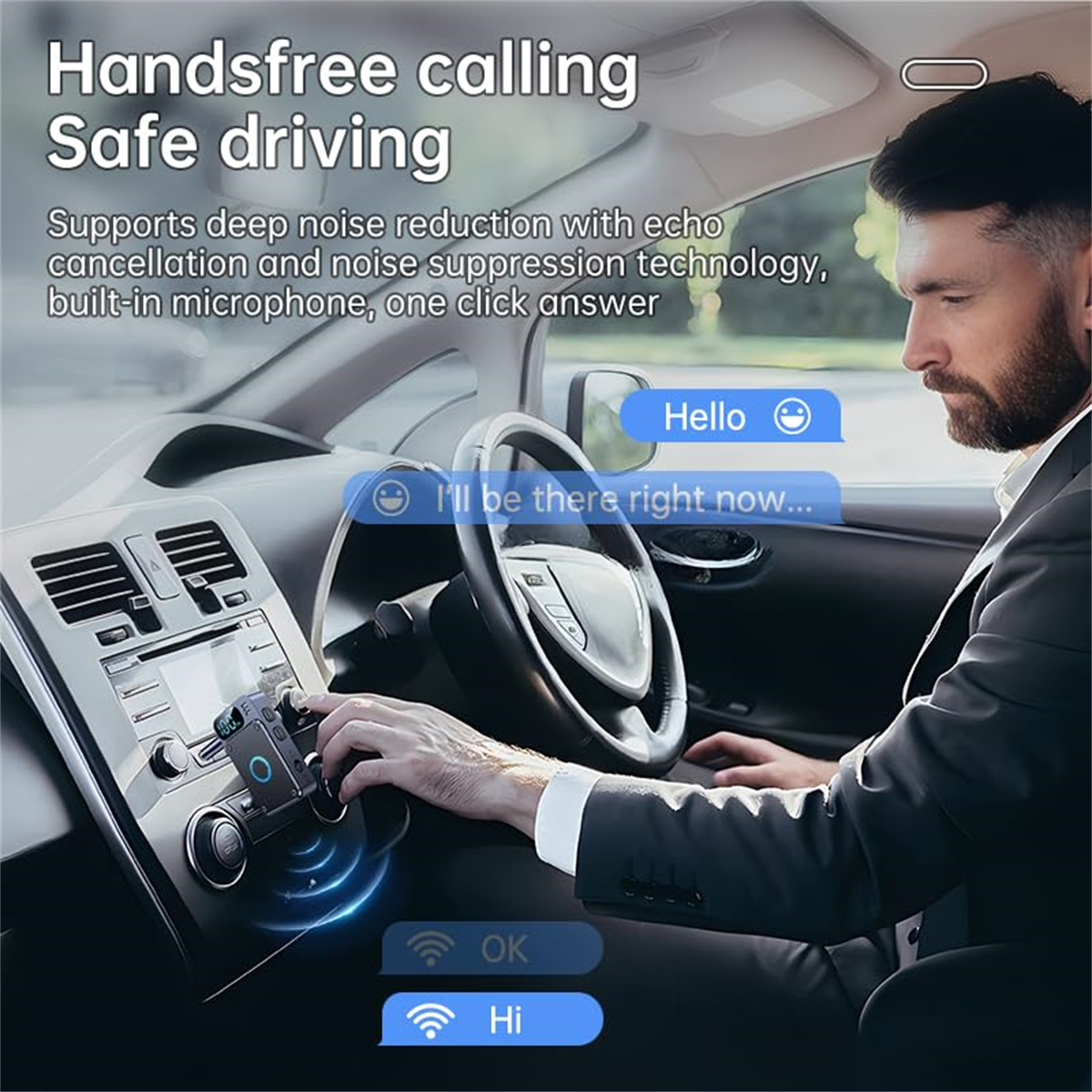 Ein Mann in einem Auto benutzt ein Gerät, Textblasen zeigen eine Unterhaltung. Das Gerät unterstützt Freisprechen.