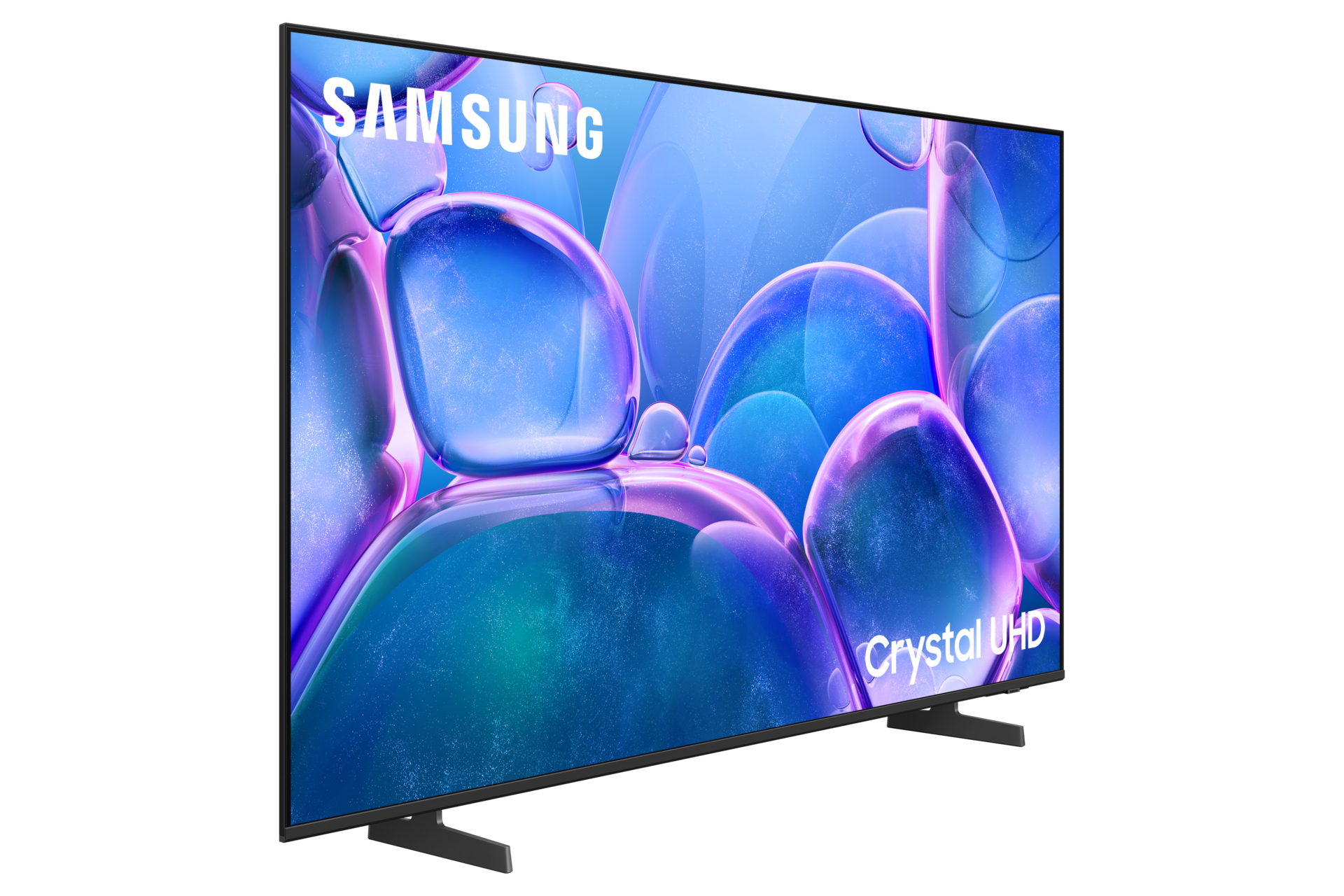 Telewizor Samsung Crystal UHD, wyświetlający kolorowy, abstrakcyjny obraz na ekranie.