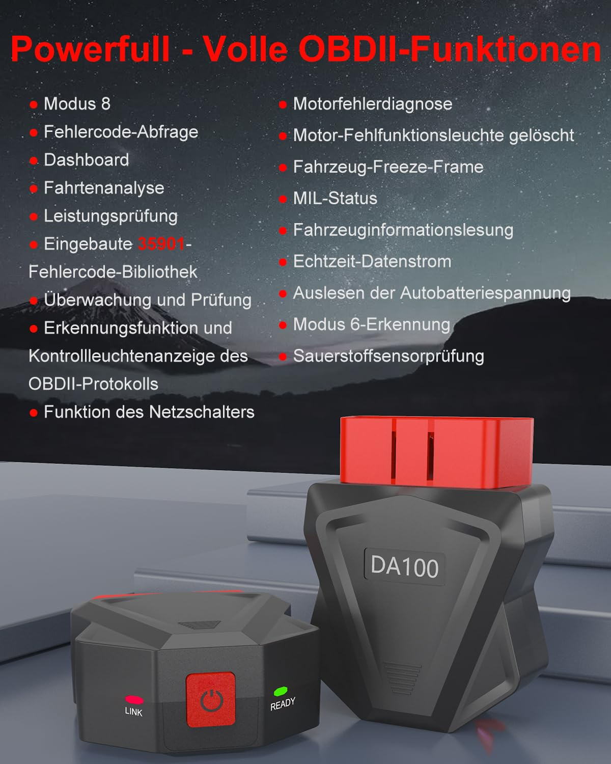 Zwei OBDII-Geräte mit einer Liste von OBDII-Funktionen. Eines hat ein Ready- und Link-Licht.