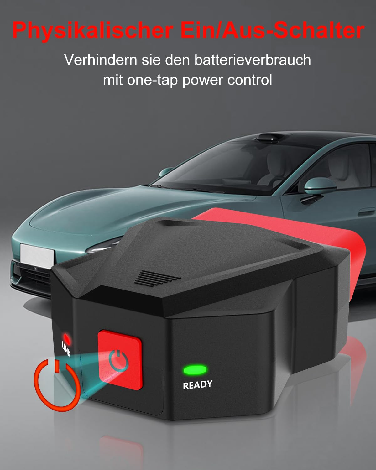 Ein schwarzes OBDII-Gerät mit grünem Bereitschaftslicht. Im Hintergrund ein Auto.