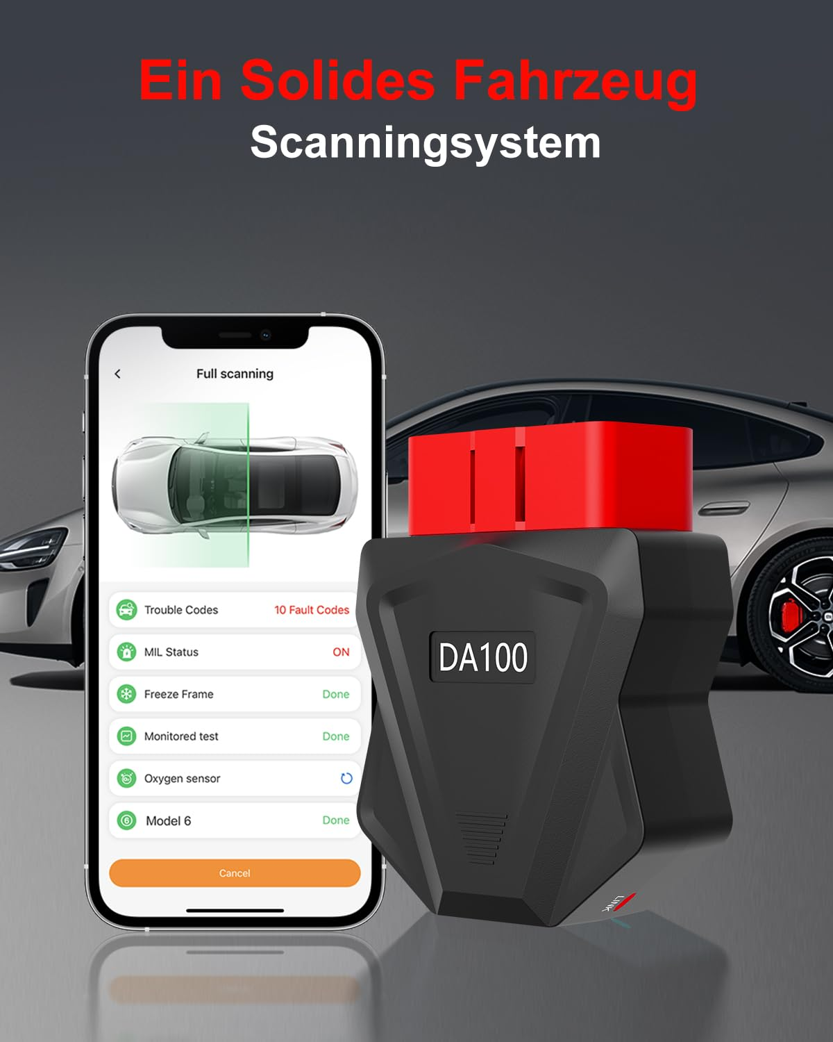 Schwarzes und rotes Fahrzeugdiagnosetool mit einem Telefon, das einen Autoscan zeigt, Text darüber.