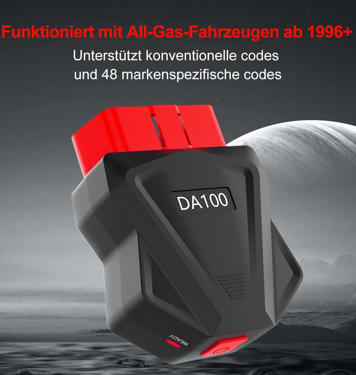 Ein schwarzes und rotes OBDII-Gerät auf verschwommenem Hintergrund, unterstützt durch Text.