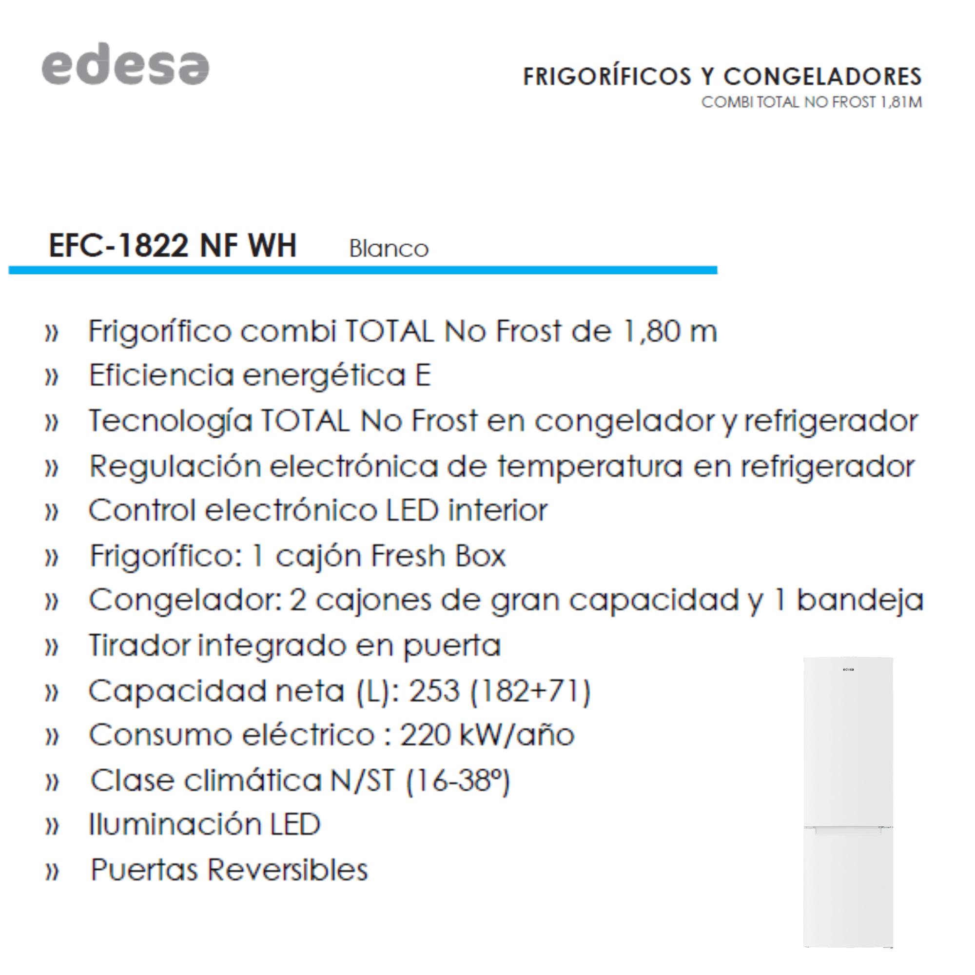 Un documento con una lista de características y un pequeño diagrama de un frigorífico blanco. Texto: 'Frigoríficos y Congeladores'.