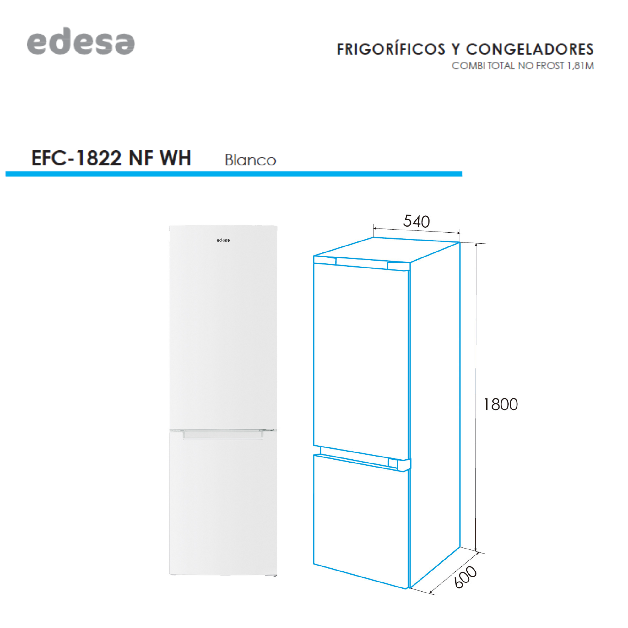 Un frigorífico blanco con dimensiones y un diagrama. Texto: 'Frigoríficos y Congeladores'. Las medidas están en milímetros.