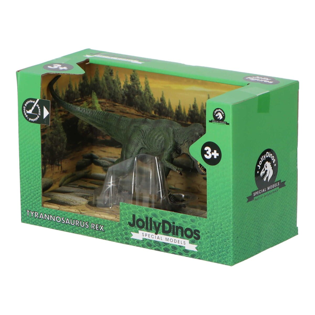 Ein grünes Tyrannosaurus Rex-Spielzeug in einer grünen Schachtel. Der Hintergrund zeigt eine Waldszene.
