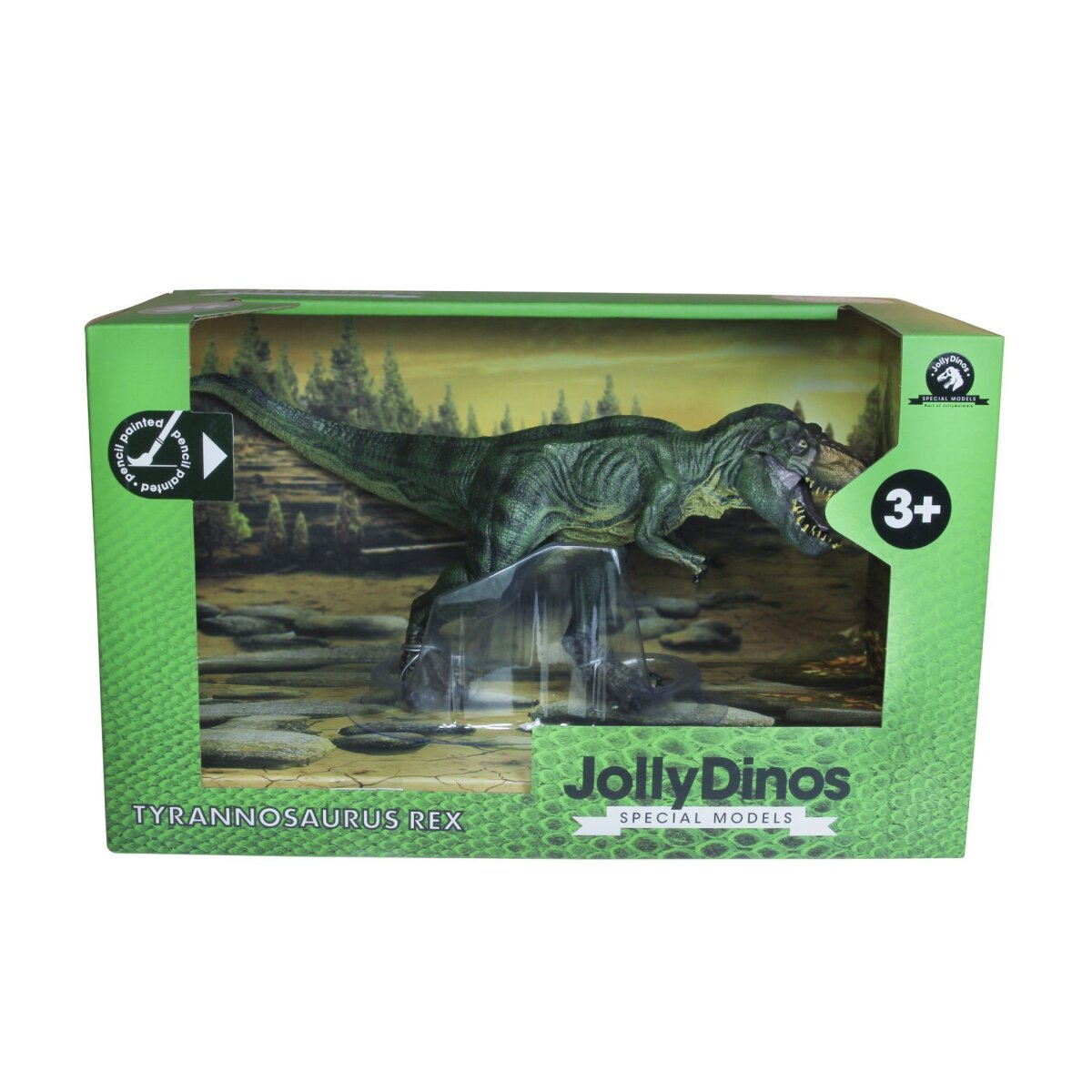 Ein JollyDinos Tyrannosaurus Rex Spielzeug in einer grünen Box mit dem Dinosaurier.
