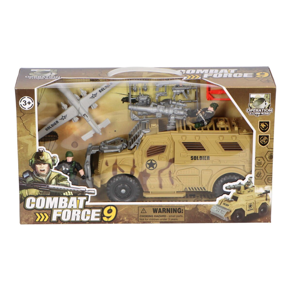 Eine Combat Force 9 Spielzeugfahrzeugkiste mit Spielfiguren und Waffen.