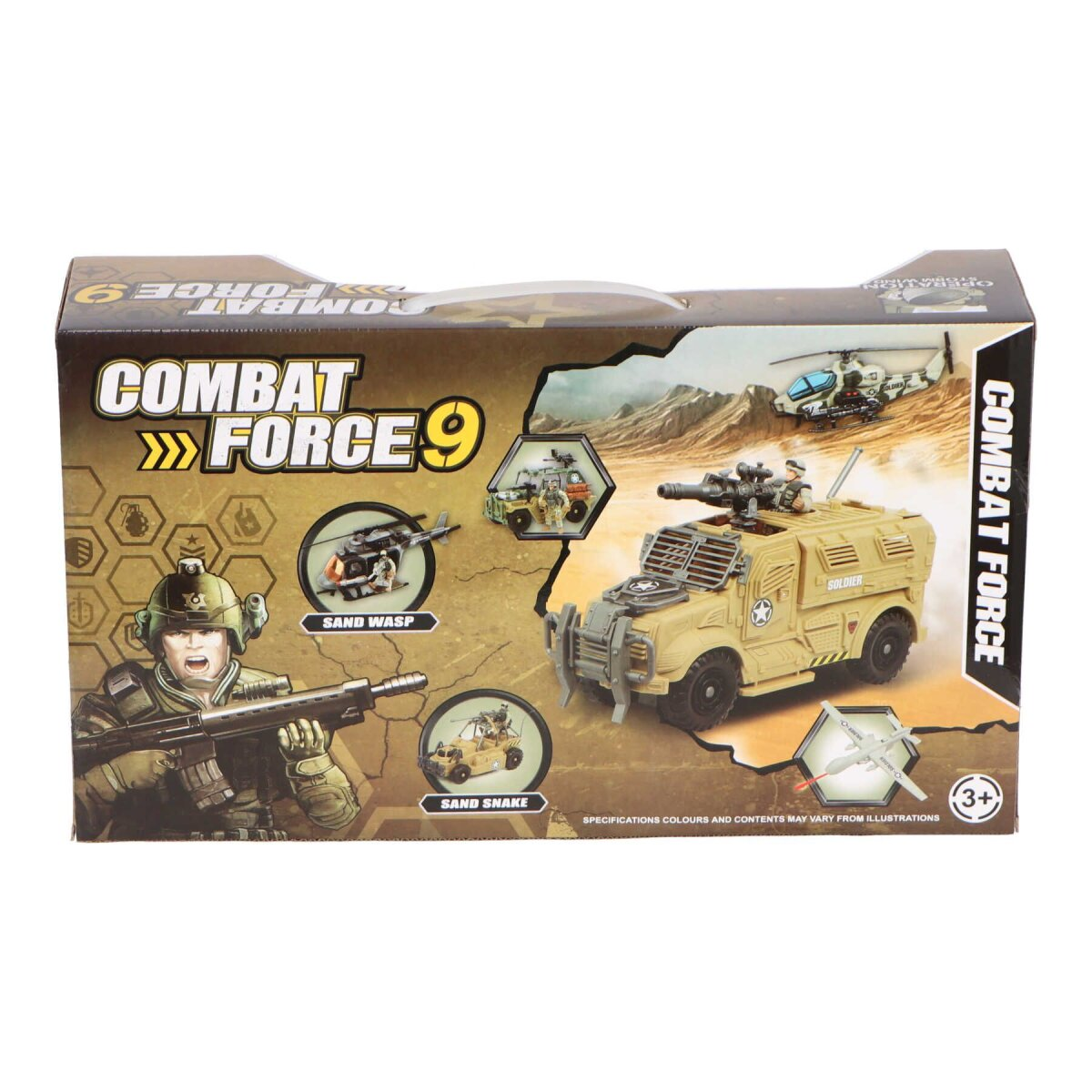 Eine Combat Force 9 Spielzeugkiste mit Spielzeug-Armeefahrzeug, Figuren und Waffen.
