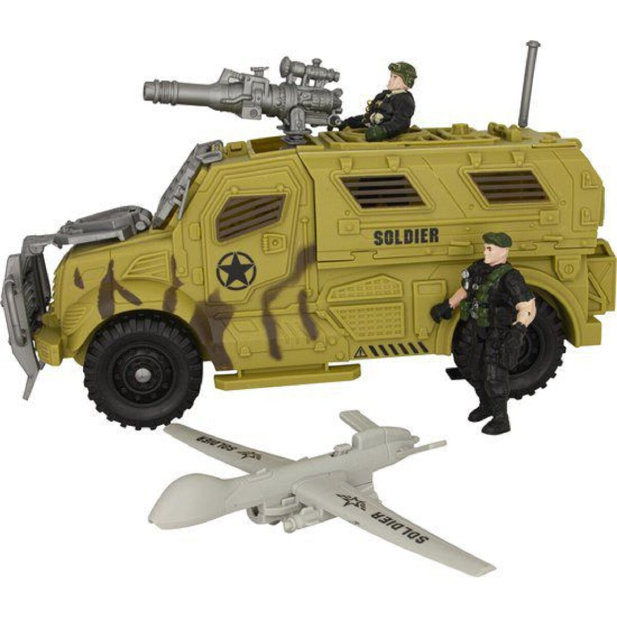 Ein Spielzeug-Militärfahrzeug mit zwei Soldaten und einer Drohne. Das Fahrzeug ist olivgrün mit einem Soldaten oben.