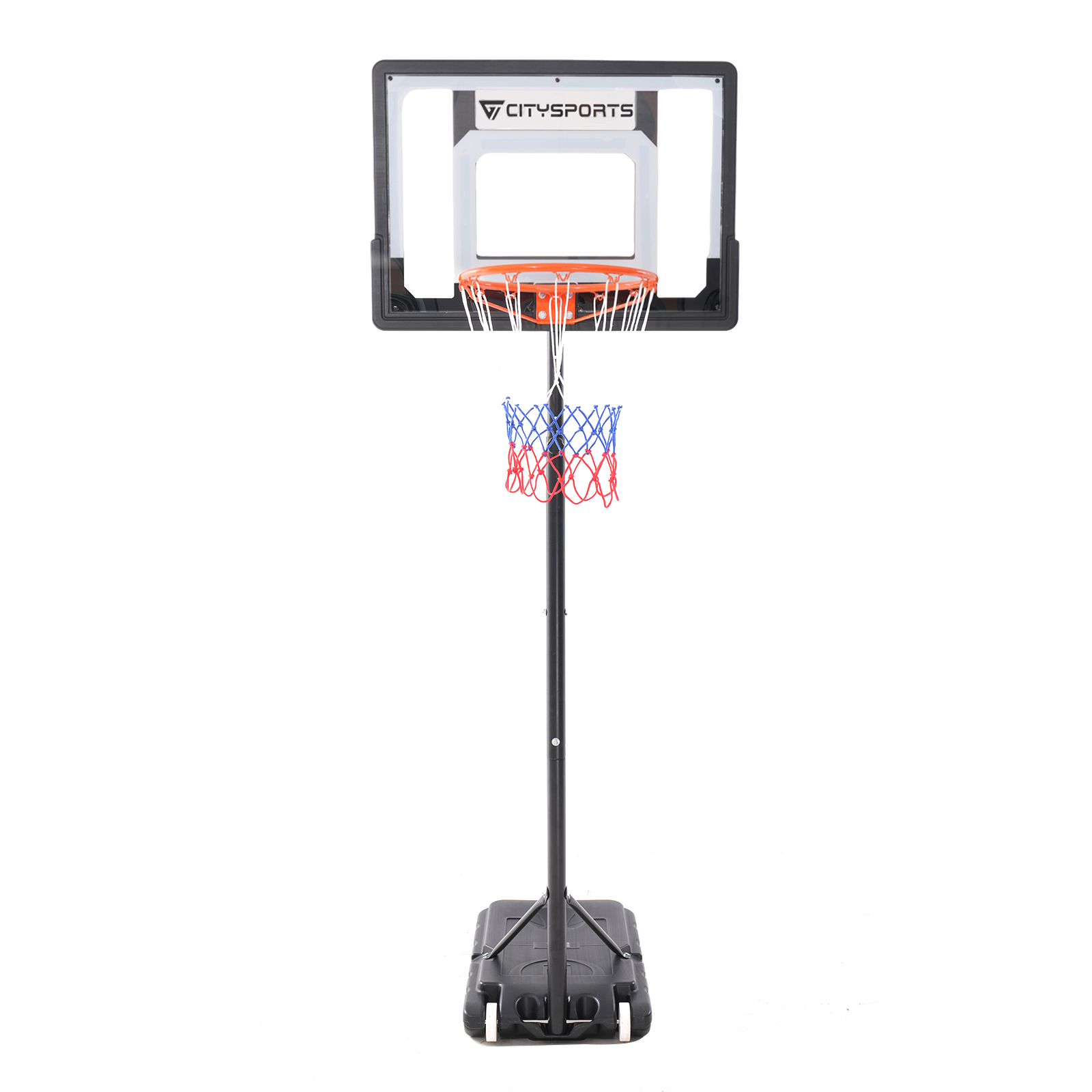 Un aro de baloncesto sobre un soporte. La red es azul, roja y blanca. El tablero es transparente con marco negro.