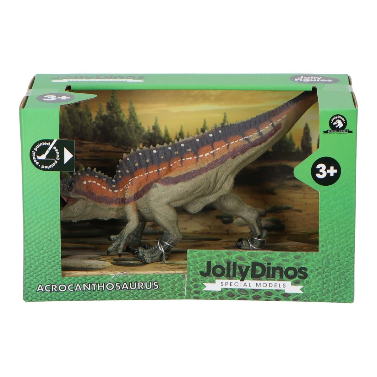 Ein grüner Spielzeug-Dinosaurier, Acrocanthosaurus, in einer Schachtel. Der Dinosaurier ist hauptsächlich grün und braun.