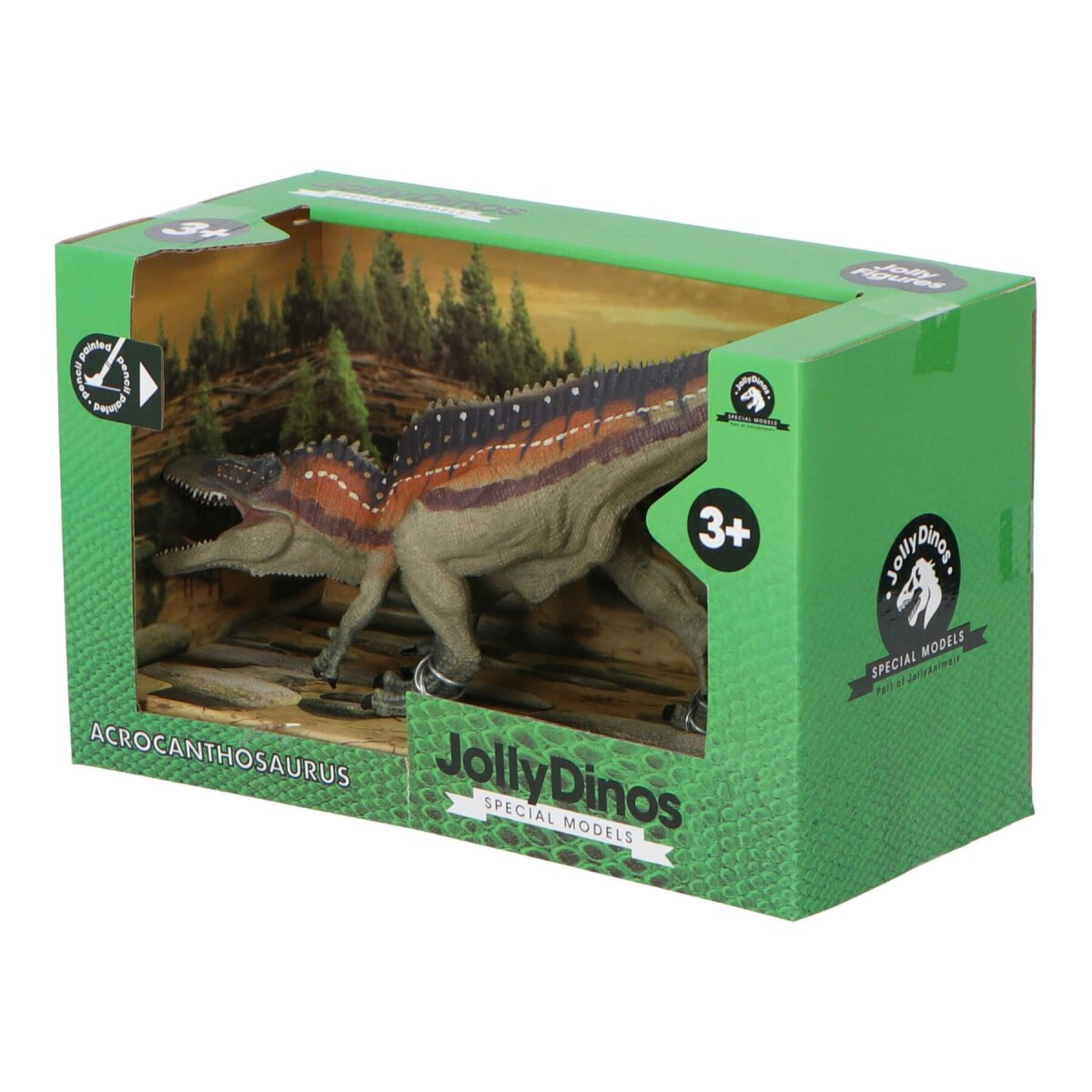 Ein grüner Spielzeug-Dinosaurier in einer Schachtel mit der Aufschrift Acrocanthosaurus. Der Dinosaurier ist braun und grün.