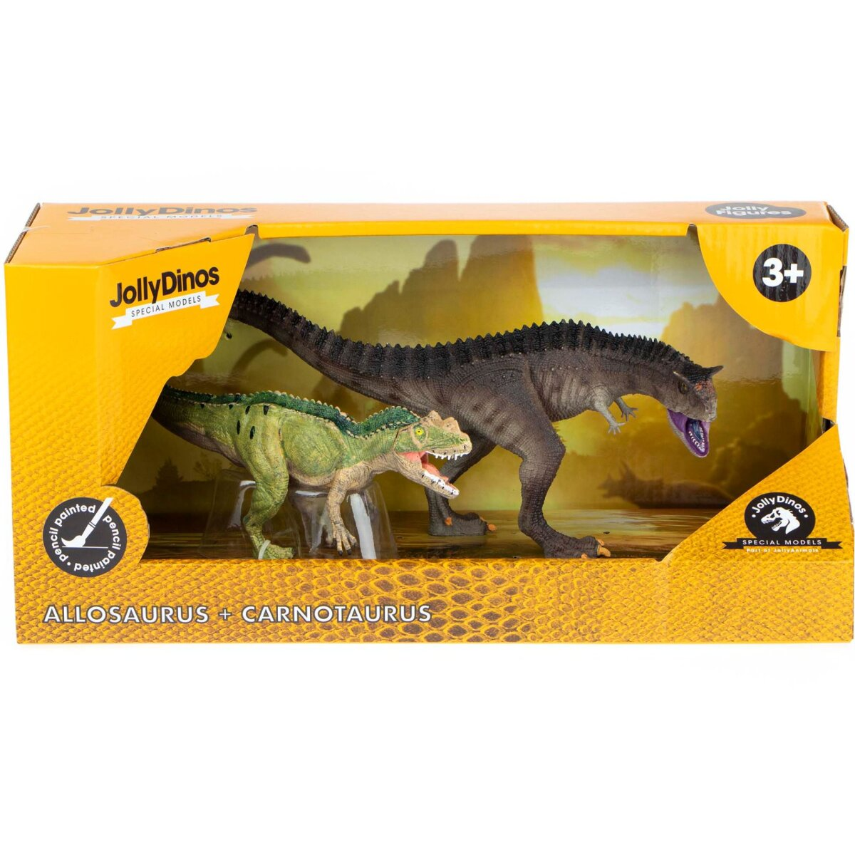 Zwei Spielzeug-Dinosaurier in einer Schachtel mit der Aufschrift Allosaurus und Carnotaurus. Einer ist grün, der andere braun.