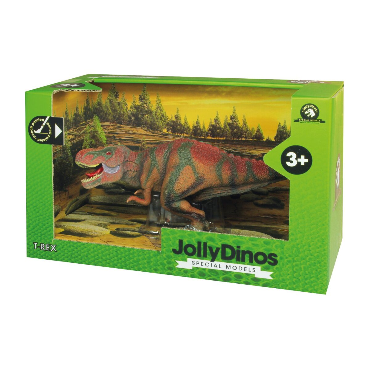 Ein T-Rex Dinosaurier-Spielzeug in einer grünen Box. Der Dinosaurier ist orange und rot, mit offenem Mund.