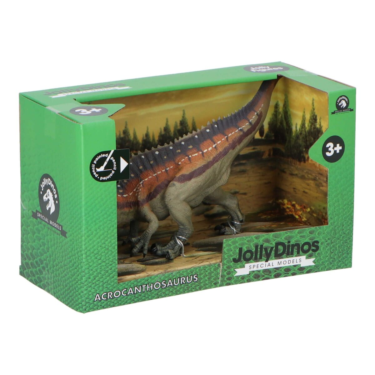 Ein Dinosaurierspielzeug in einer Box. Es ist ein Acrocanthosaurus, braun und grün, mit detaillierter Textur.