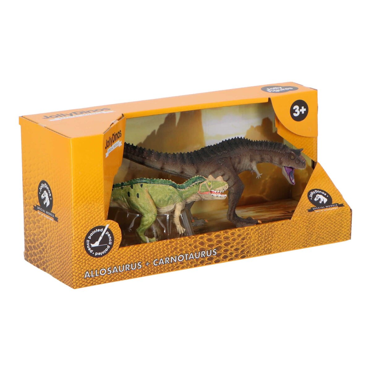 Ein Dinosaurierspielzeug in einer Box. Es zeigt einen Allosaurus und einen Carnotaurus. Die Box ist orange.