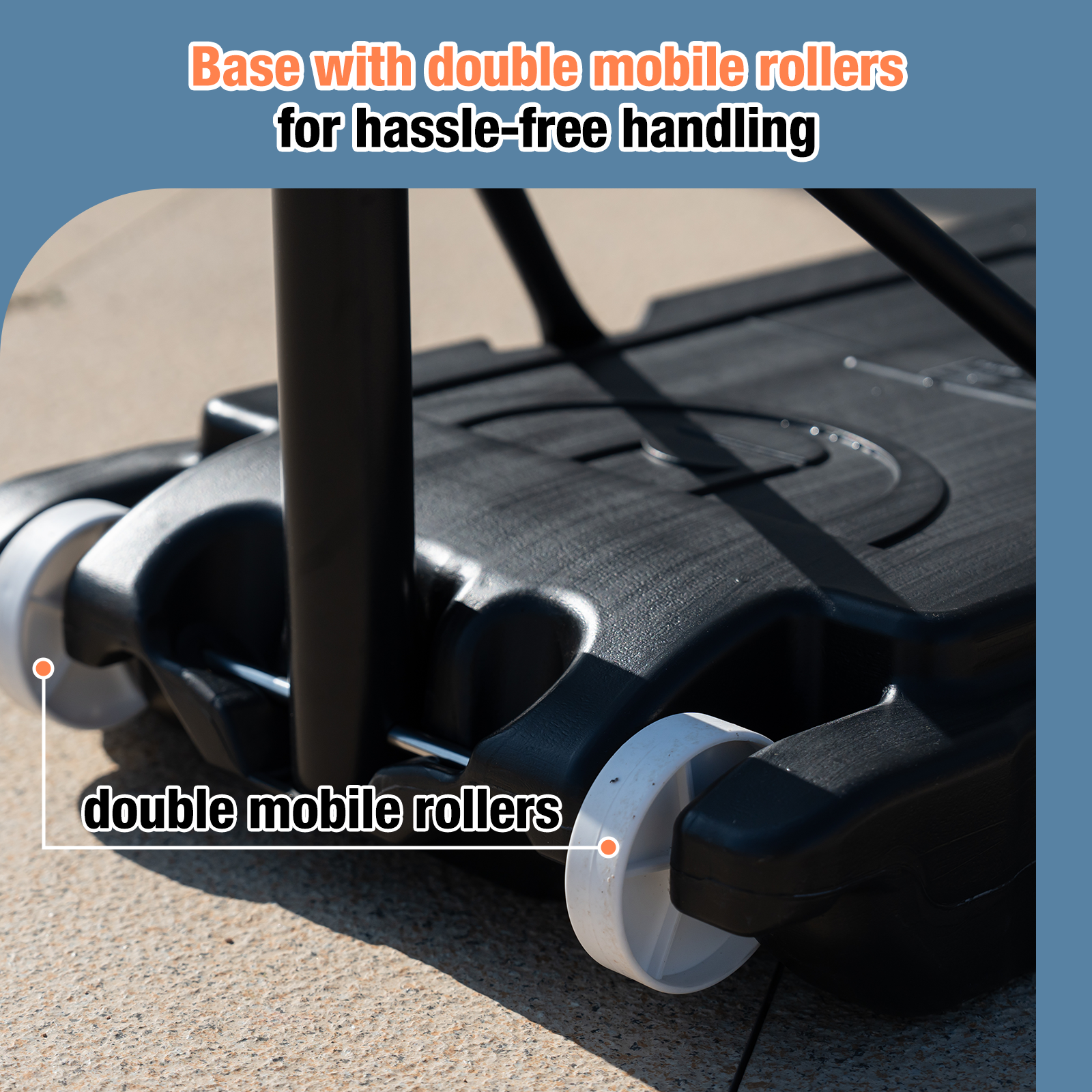 Gros plan sur une base de panier de basket avec des roulettes doubles mobiles pour une manipulation et un transport faciles.