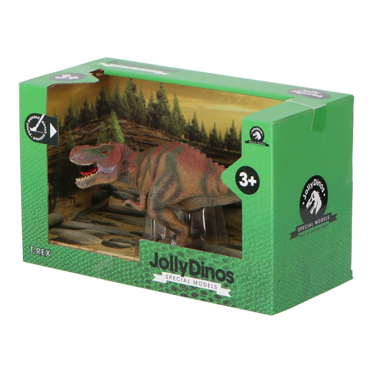 Ein T-Rex Spielzeug in einer grünen Box. Der Dinosaurier ist orange und rot, mit offenem Mund und Zähnen.