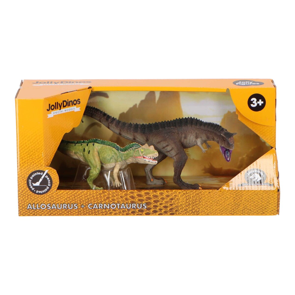 Spielzeugdinosaurier in einer Schachtel. Einer ist grün und klein, der andere braun und groß. Die Box ist orange.
