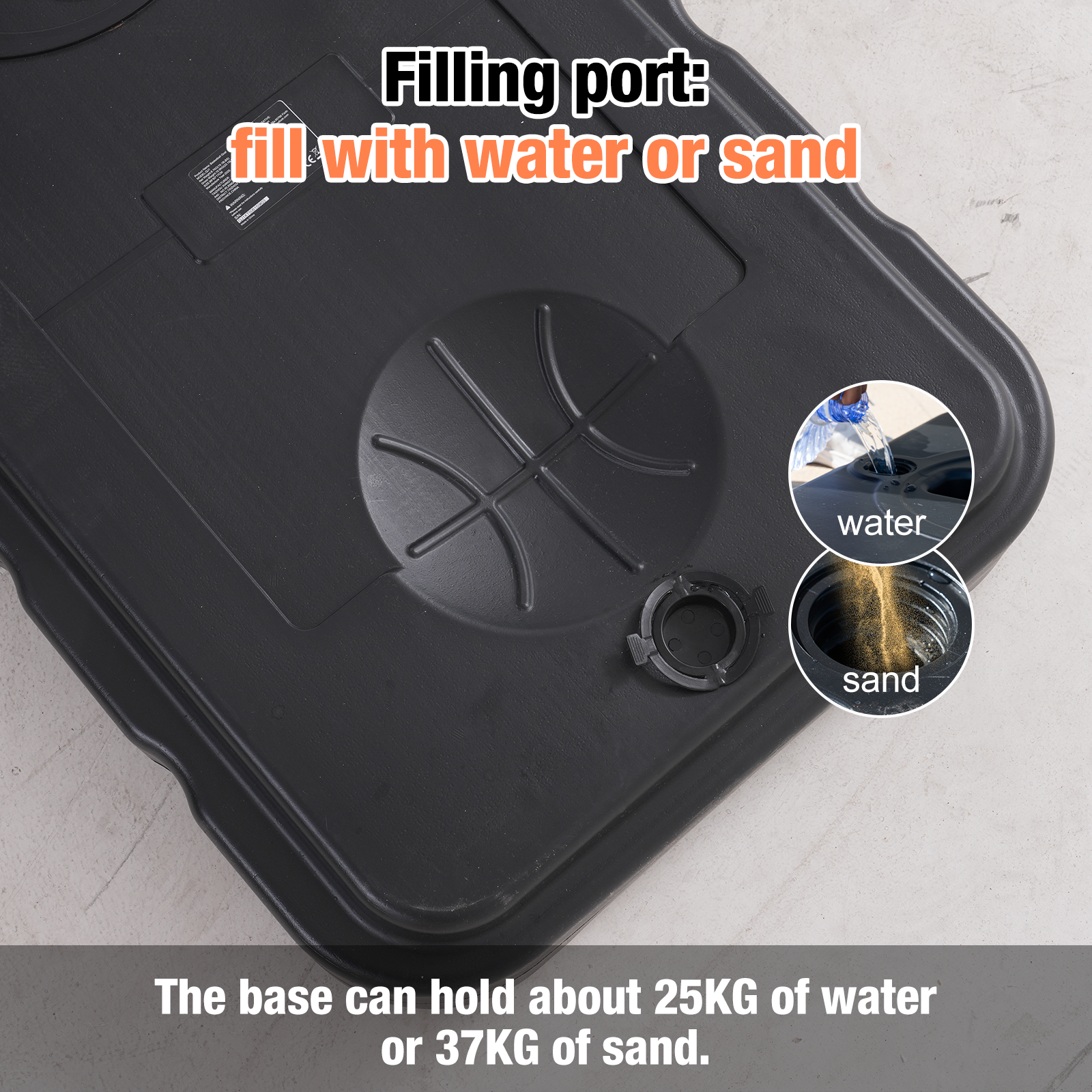 La base d'un panier de basket avec un orifice de remplissage pour l'eau ou le sable. Il peut contenir 25 kg d'eau.