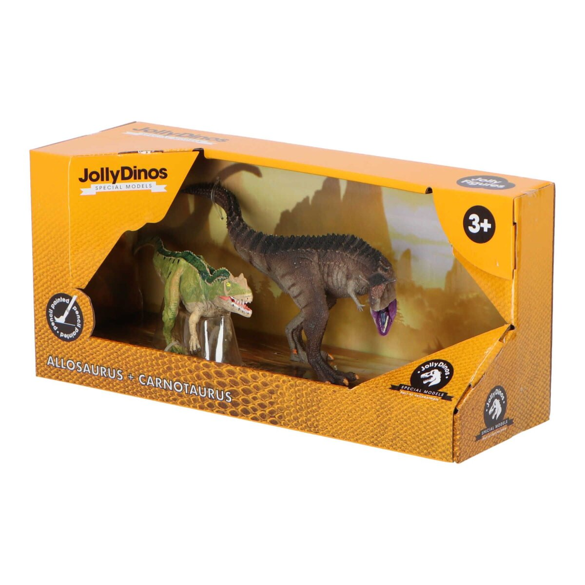 Zwei Dinosaurier-Spielzeuge in einer Box: ein Allosaurus und ein Carnotaurus, vor einer Landschaft.