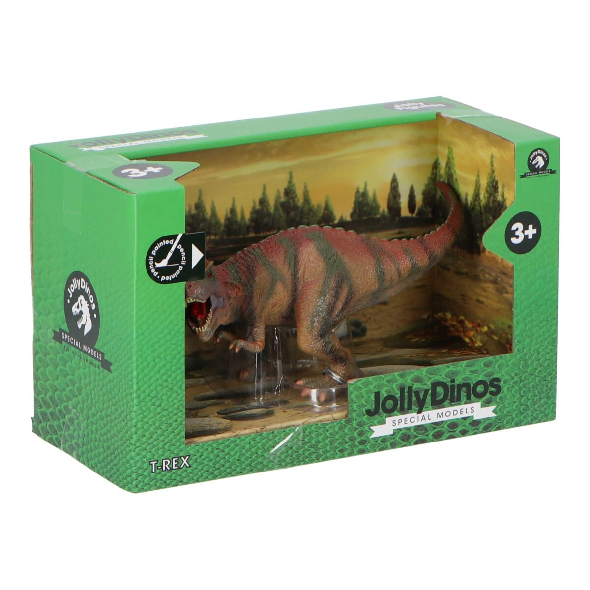Ein T-Rex Spielzeug in einer grünen Box. Es ist orange und rot, mit offenem Mund und sichtbaren Zähnen.