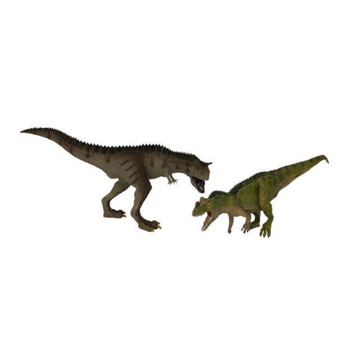 Zwei Dinosaurier-Spielzeuge auf weißem Hintergrund. Eines ist braun, das andere grün.