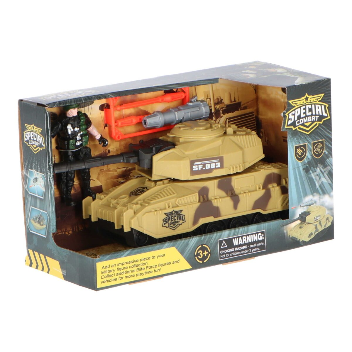 Ein Spielzeugpanzer in einer Box mit einer Soldatenfigur. Der Panzer ist olivgrün mit Tarnung.
