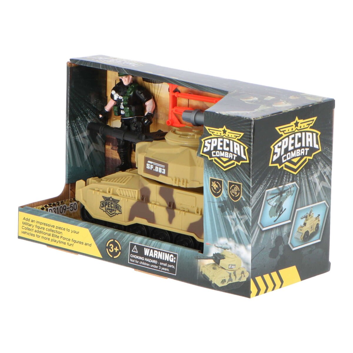 Spielzeugpanzer in einer Box. Eine Soldatenfigur steht links. 'Special Combat' steht auf der Box.