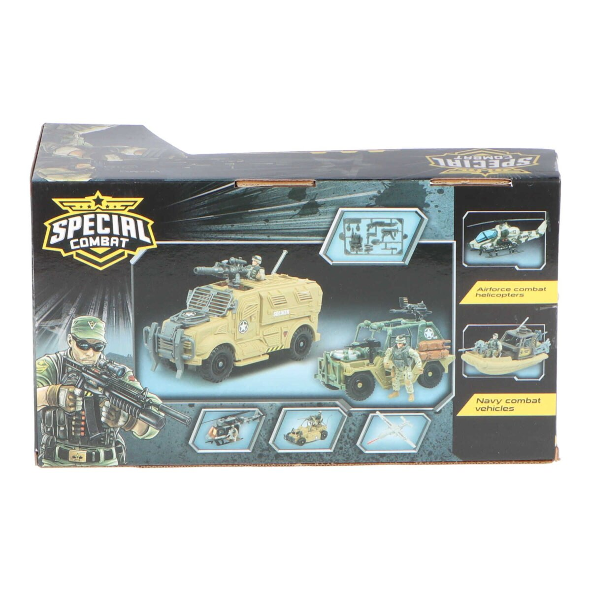Spielzeug-Militärfahrzeuge in einer Box. Die Box hat Bilder von Hubschraubern und Armee-Fahrzeugen.