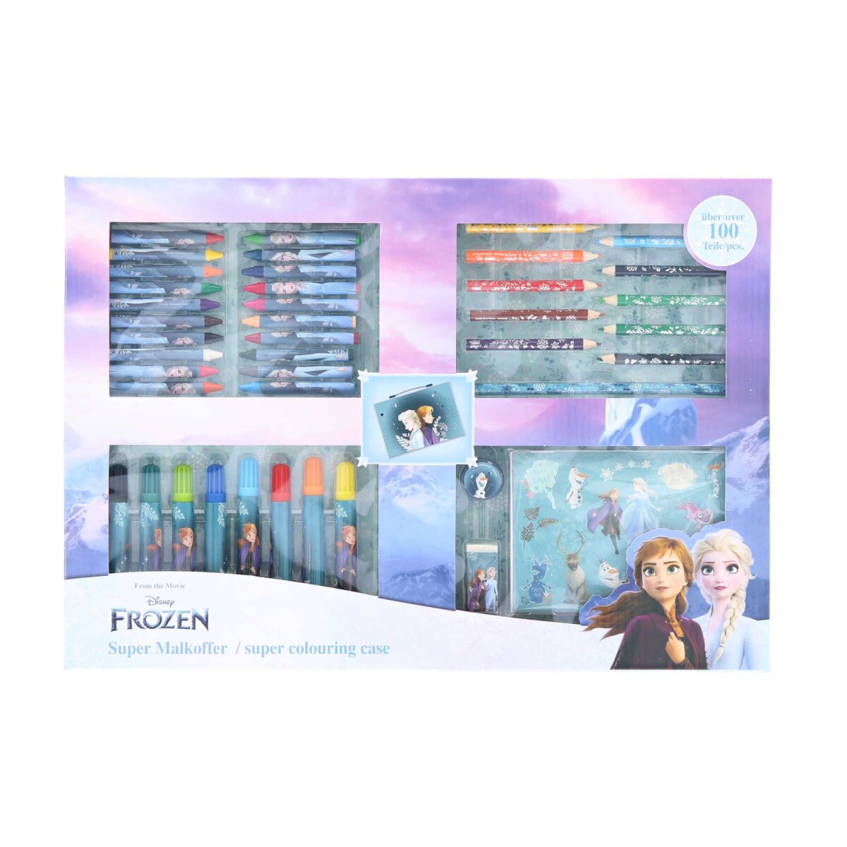 Frozen-Kunstbedarf-Set. Enthält Buntstifte, Bleistifte, Marker, Aufkleber und einen Zeichenblock mit Anna und Elsa.