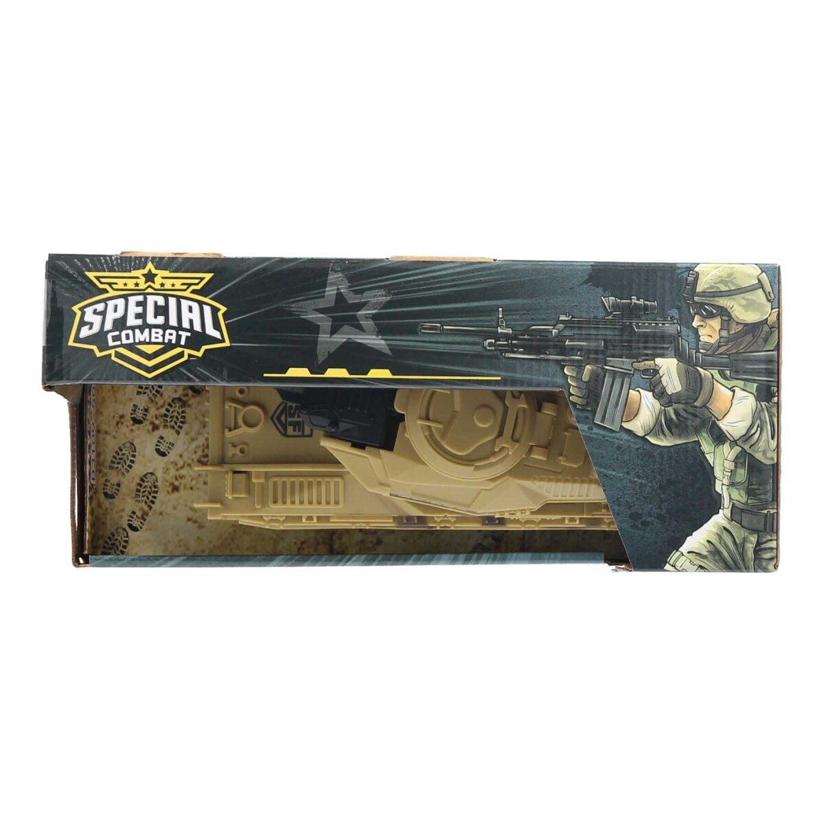 Spielzeugpanzer in einer Box. Die Box hat ein Bild eines Panzers und eines Soldaten mit einer Waffe. 'Special Combat'.