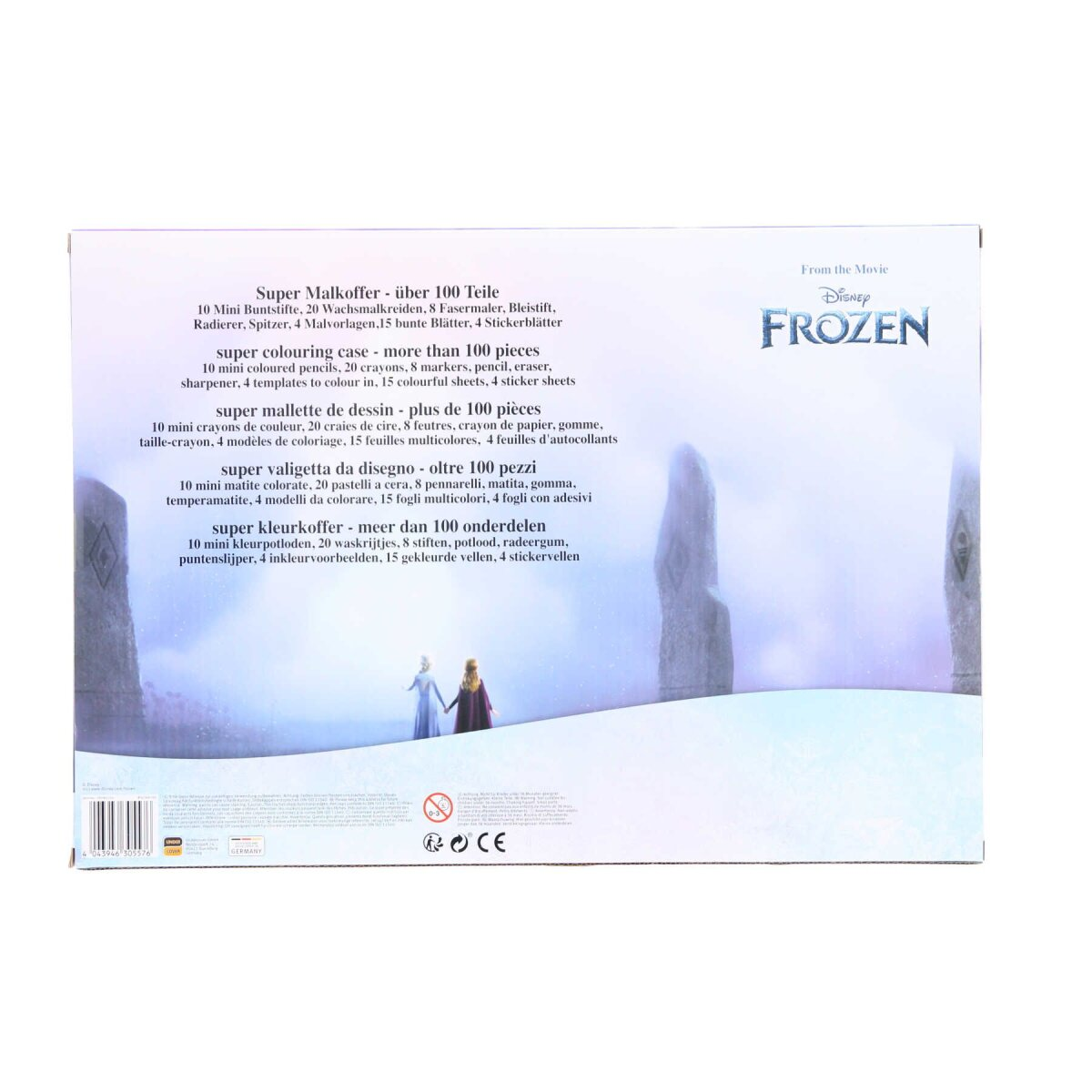 Eine Frozen-Kunstbox mit Text in mehreren Sprachen und einem verschneiten Hintergrund.