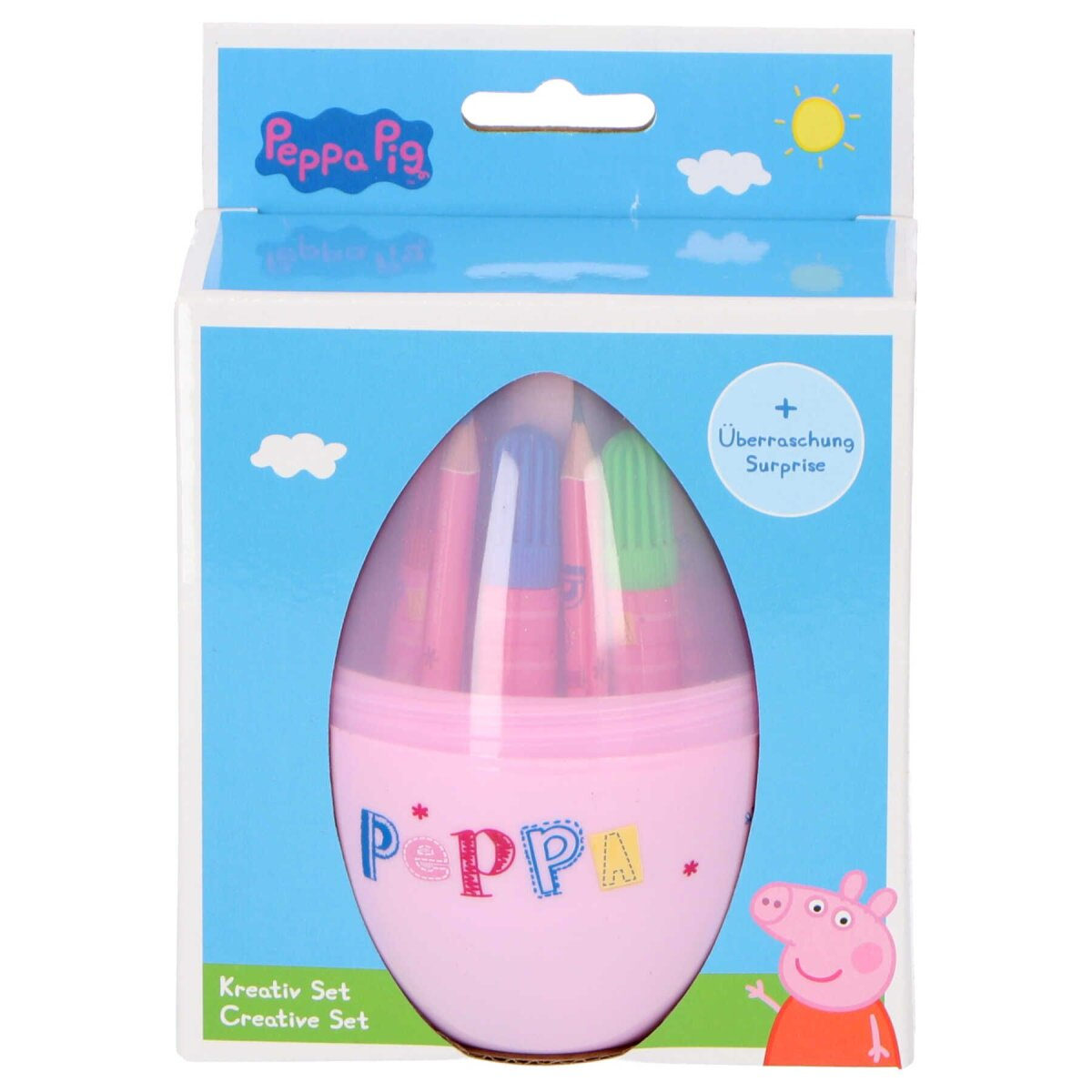 Ein Peppa Pig Kreativ-Set in einem rosa eiförmigen Behälter mit Bleistiften und Markern.