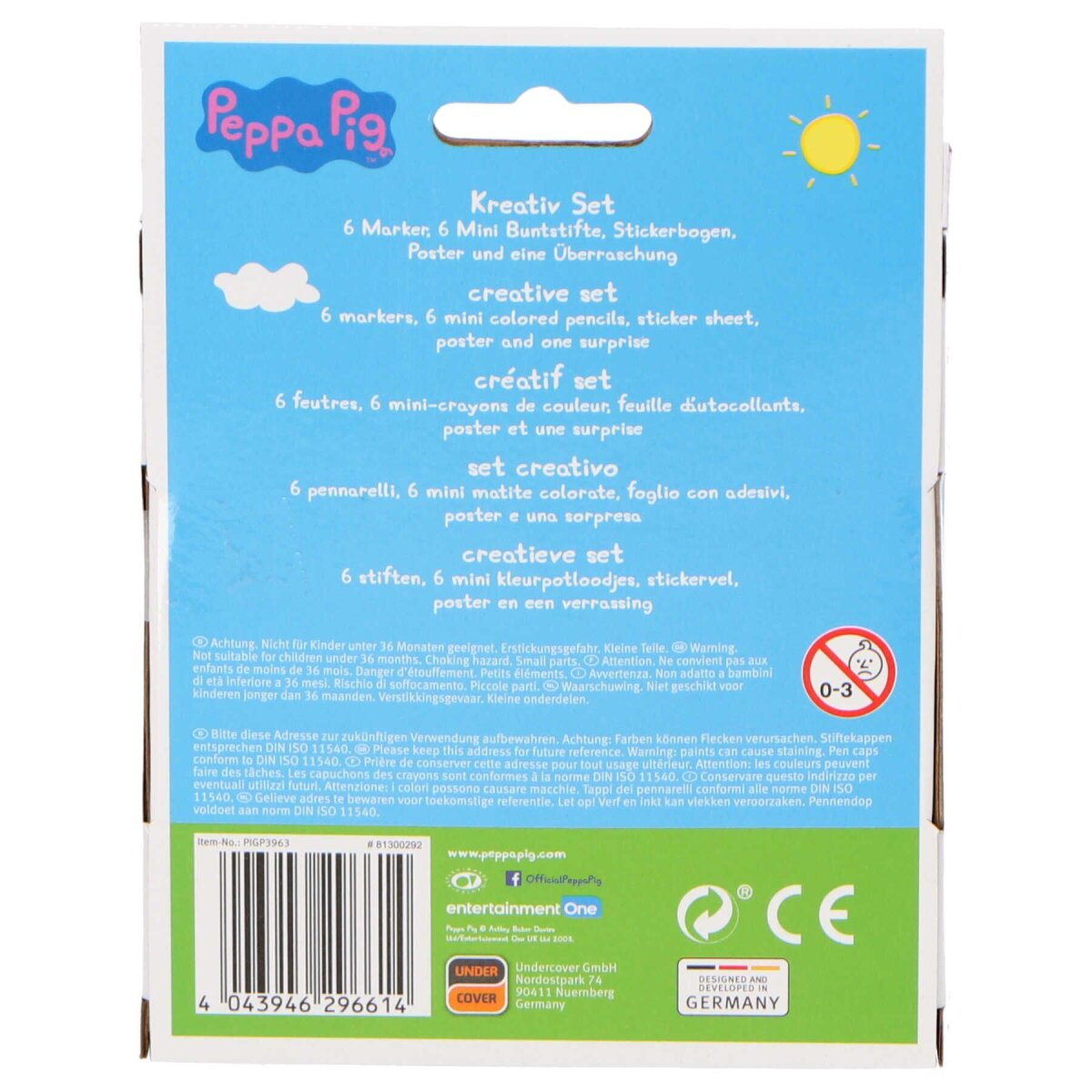 Eine Peppa Pig Kreativ-Set-Box. Es enthält Marker, Stifte, einen Aufkleberbogen und ein Poster. Die Box ist weiß und hat Text darauf.