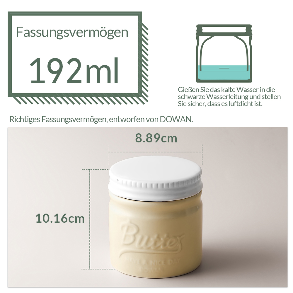 Ein Butterglas mit weißem Deckel. Das Glas ist cremefarben und trägt das Wort 'Butter'. Text zeigt, dass die Kapazität 192 ml beträgt.