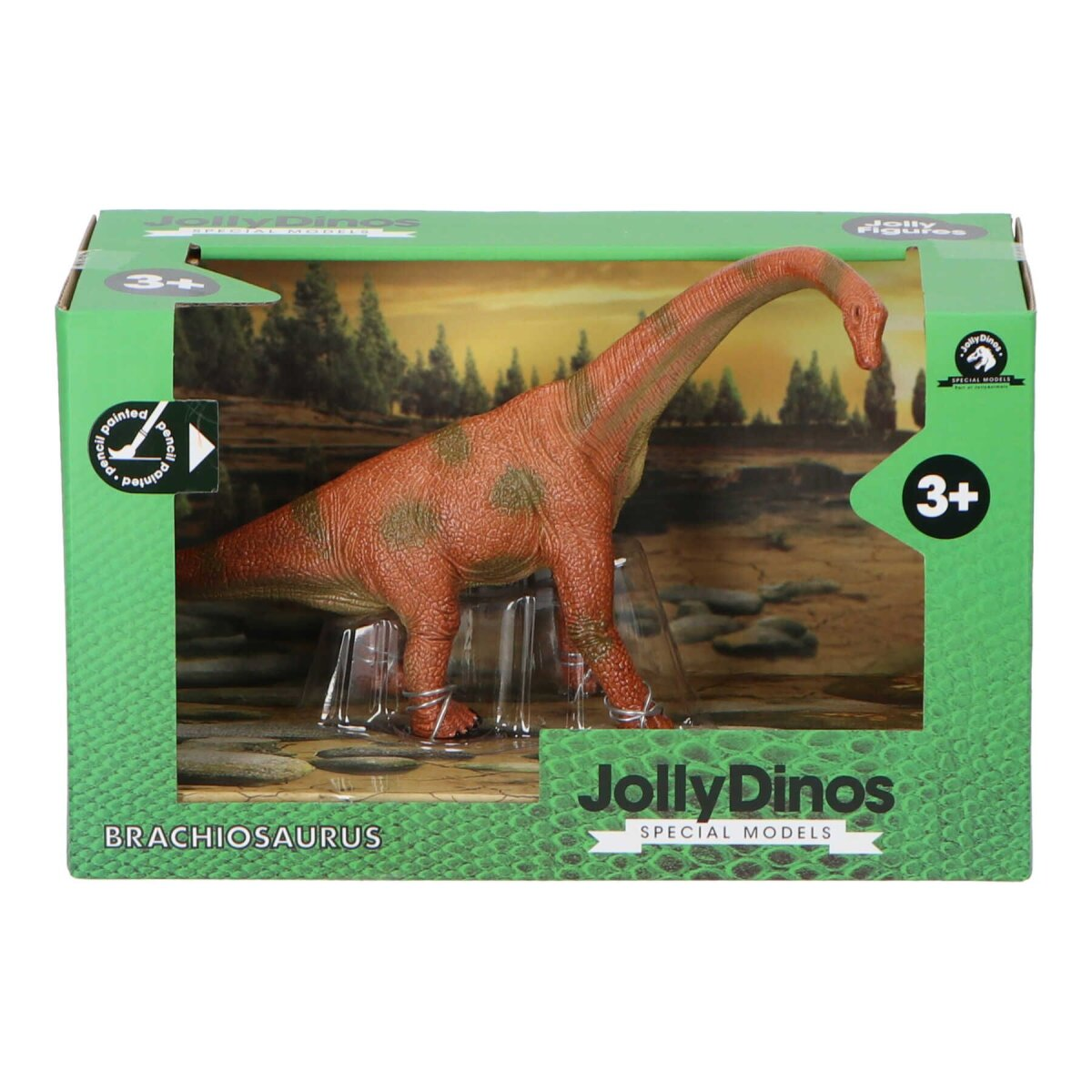 Eine grüne Box mit einem Brachiosaurus-Modell. Der Dinosaurier ist braun und orange. Auf der Box steht 'Jolly Dinos' und 'Brachiosaurus'.