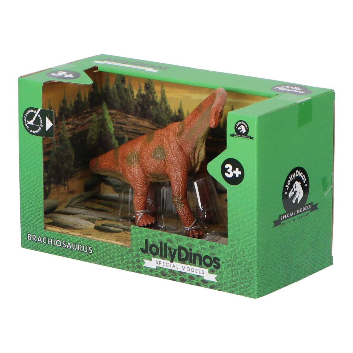 Ein Brachiosaurus-Dinosaurierspielzeug in einer grünen Box. Die Box hat das JollyDinos-Logo und die Zahl 3+.