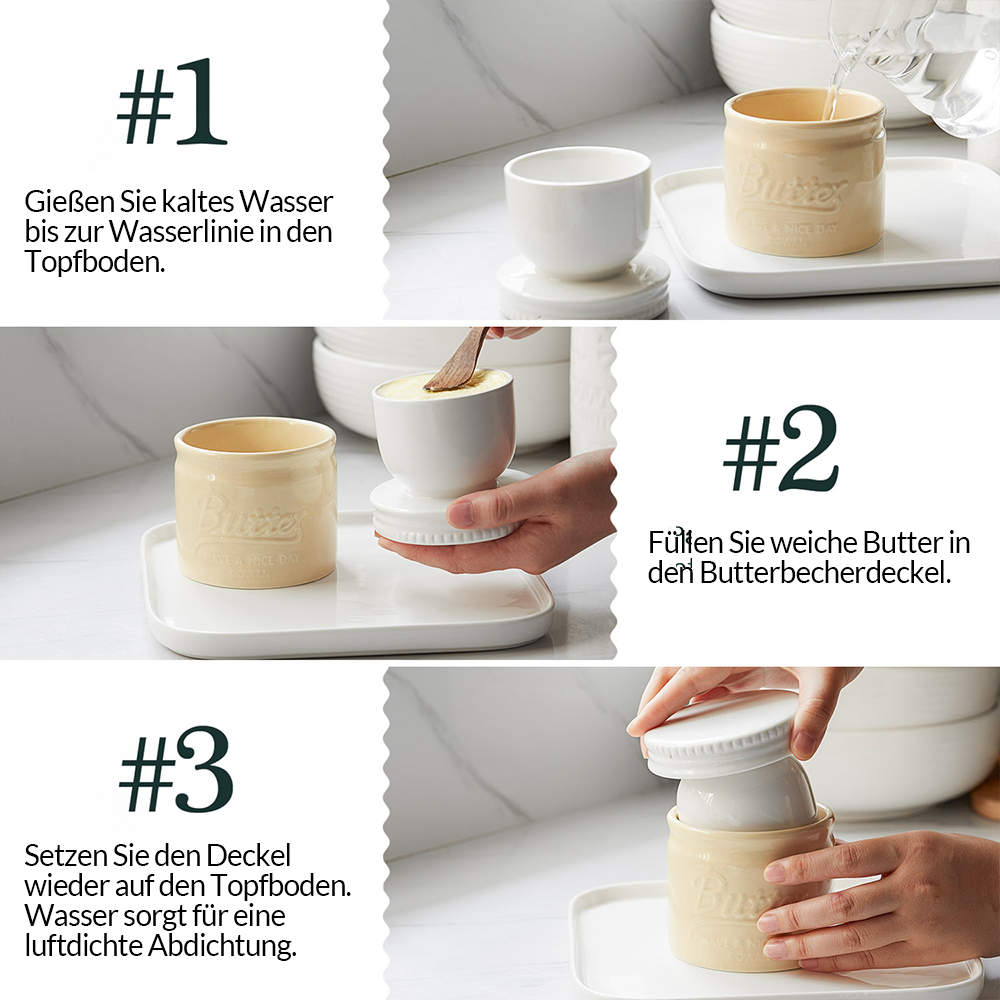 Drei Bilder, die die Verwendung einer Butterdose veranschaulichen. Die Schritte zeigen das Hinzufügen von Wasser, Butter und das Verschließen mit dem Deckel.