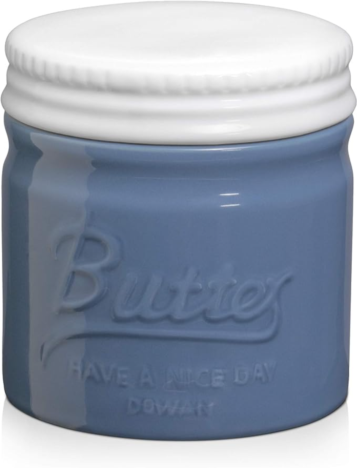 Eine blaue Butterdose mit weißem Deckel. Es steht 'Butter' und 'Have a nice day' darauf.
