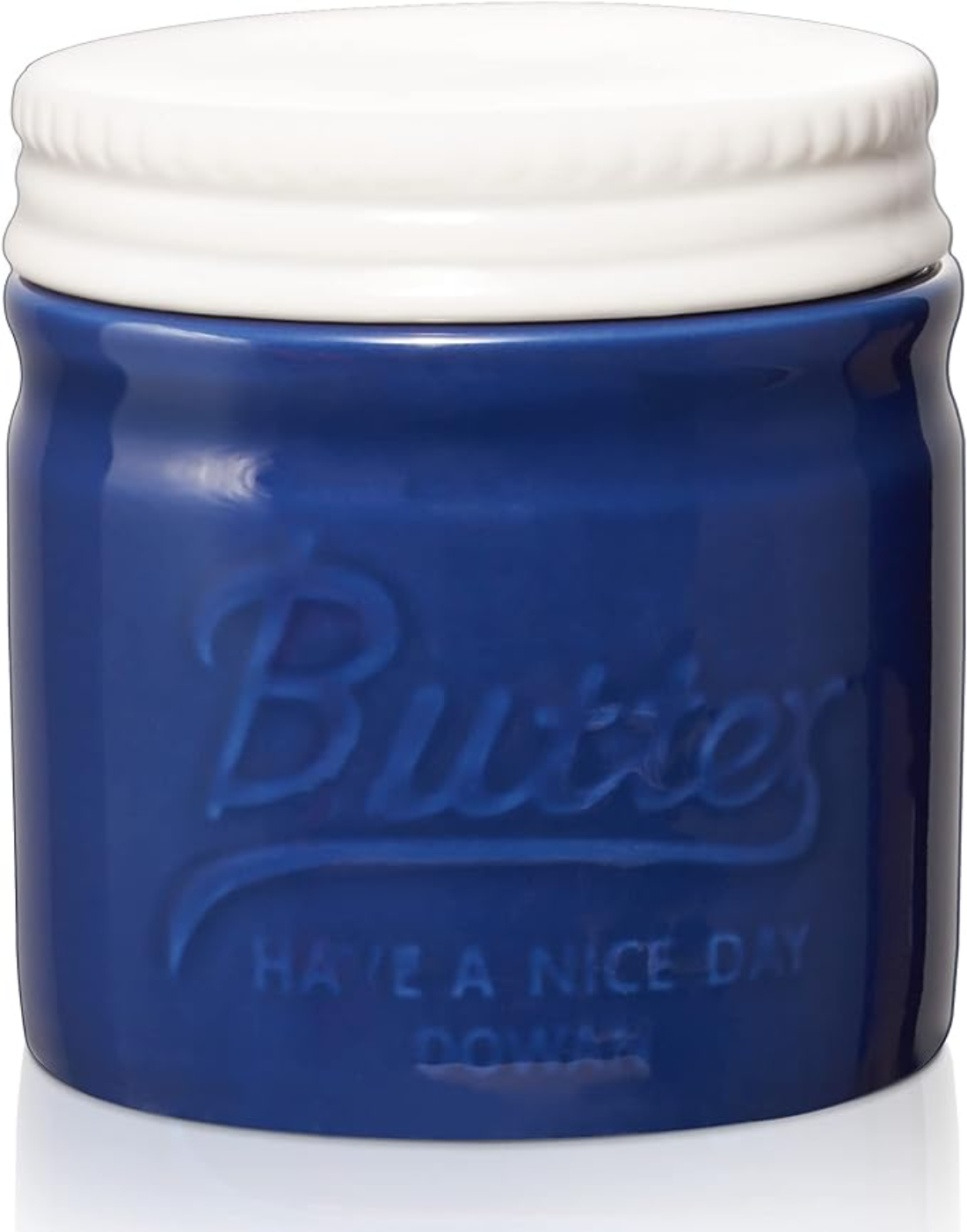 Blaue Butterdose mit dem Wort 'Butter' und dem Satz 'Have a Nice Day'.