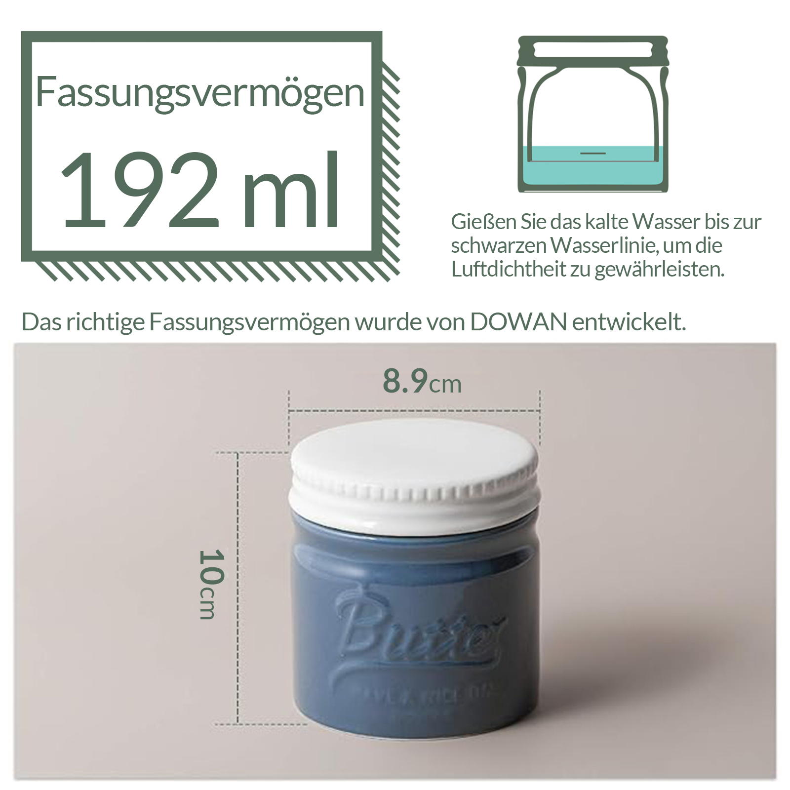 Eine blaue Butterdose mit weißem Deckel. Der Text gibt die Kapazität von 192 ml und die Abmessungen an.