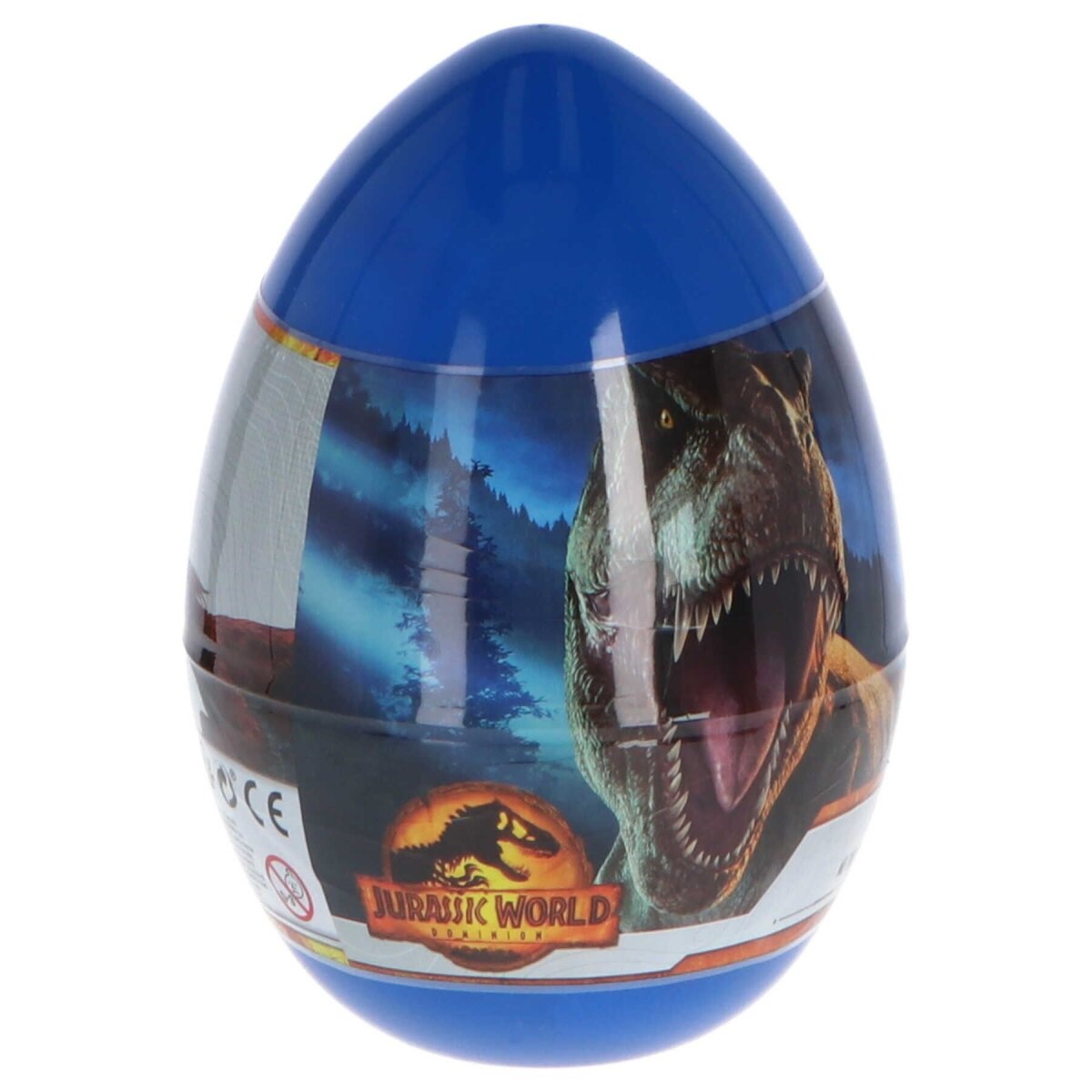 Blauer eiförmiger Behälter mit Jurassic World-Bild. Es hat einen Dinosaurier und ein Logo.