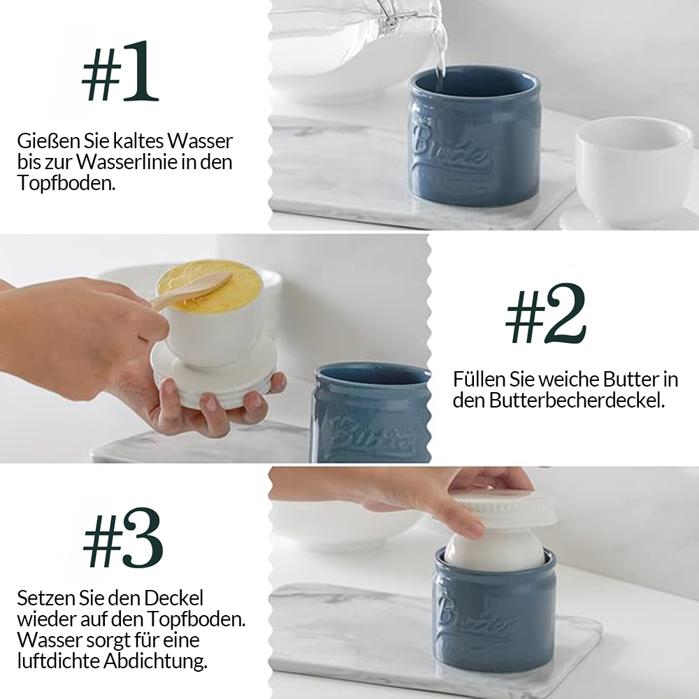 Drei Bilder mit Schritten zur Verwendung einer blauen Butterdose mit weißem Deckel und dem Wort 'Butter'.