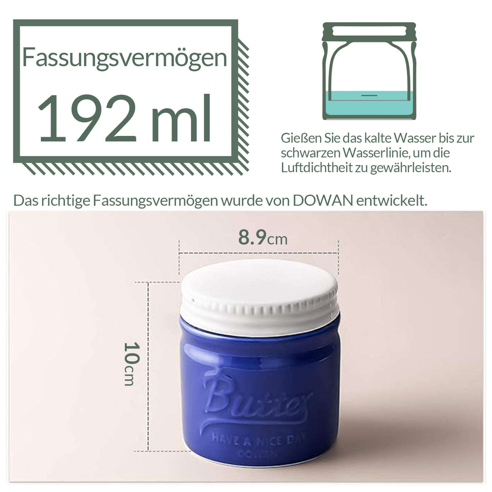 Blaue Butterdose mit Abmessungen. Das Gefäß hat ein Fassungsvermögen von 192 ml und sagt 'Butter'.