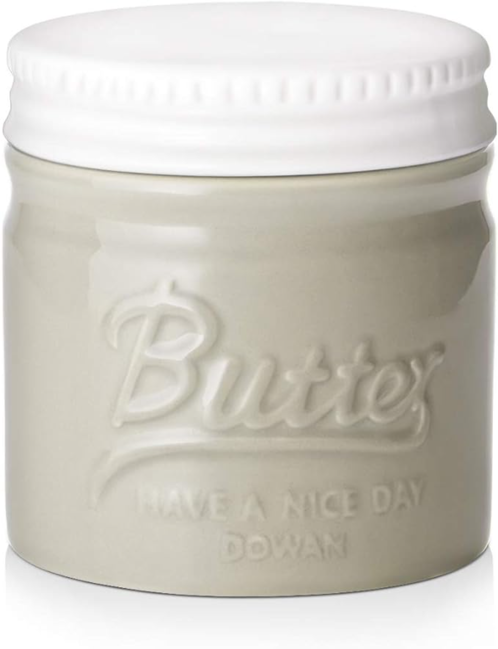 Ein graues Butterglas mit weißem Deckel. Auf dem Glas steht 'Butter' und 'Have a nice day'.
