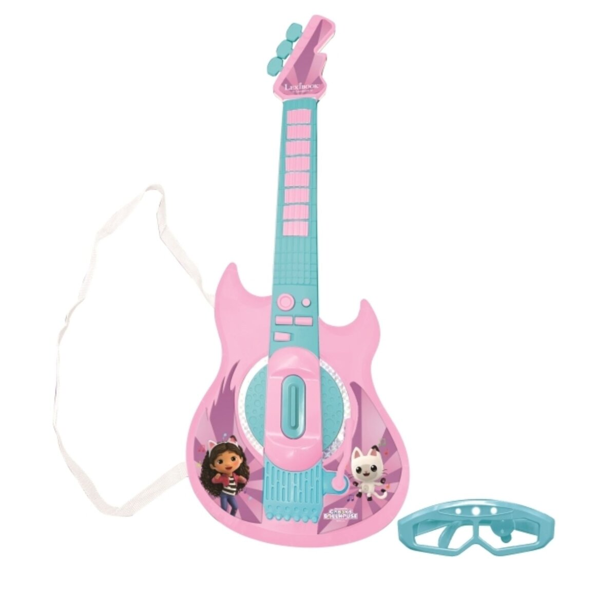 Rosa Spielzeug-Gitarre mit Gabby's Dollhouse-Figuren. Eine blaue Spielzeugbrille ist auch vorhanden.