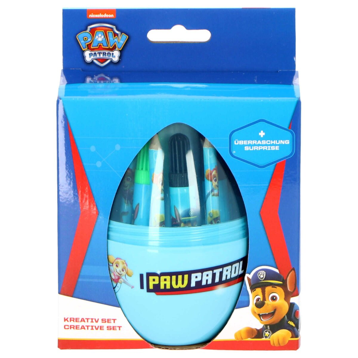 Ein blaues Paw Patrol Kreativ-Set. Die Box zeigt Charaktere und enthält Marker, Bleistifte und Aufkleber.