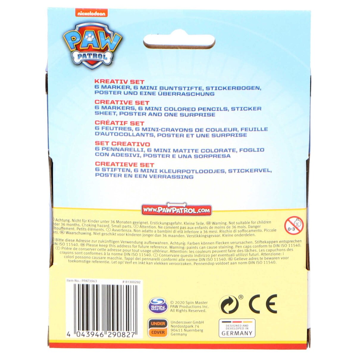 Die Rückseite einer Paw Patrol Kreativ-Set-Box, die den Inhalt und Sicherheitshinweise zeigt.