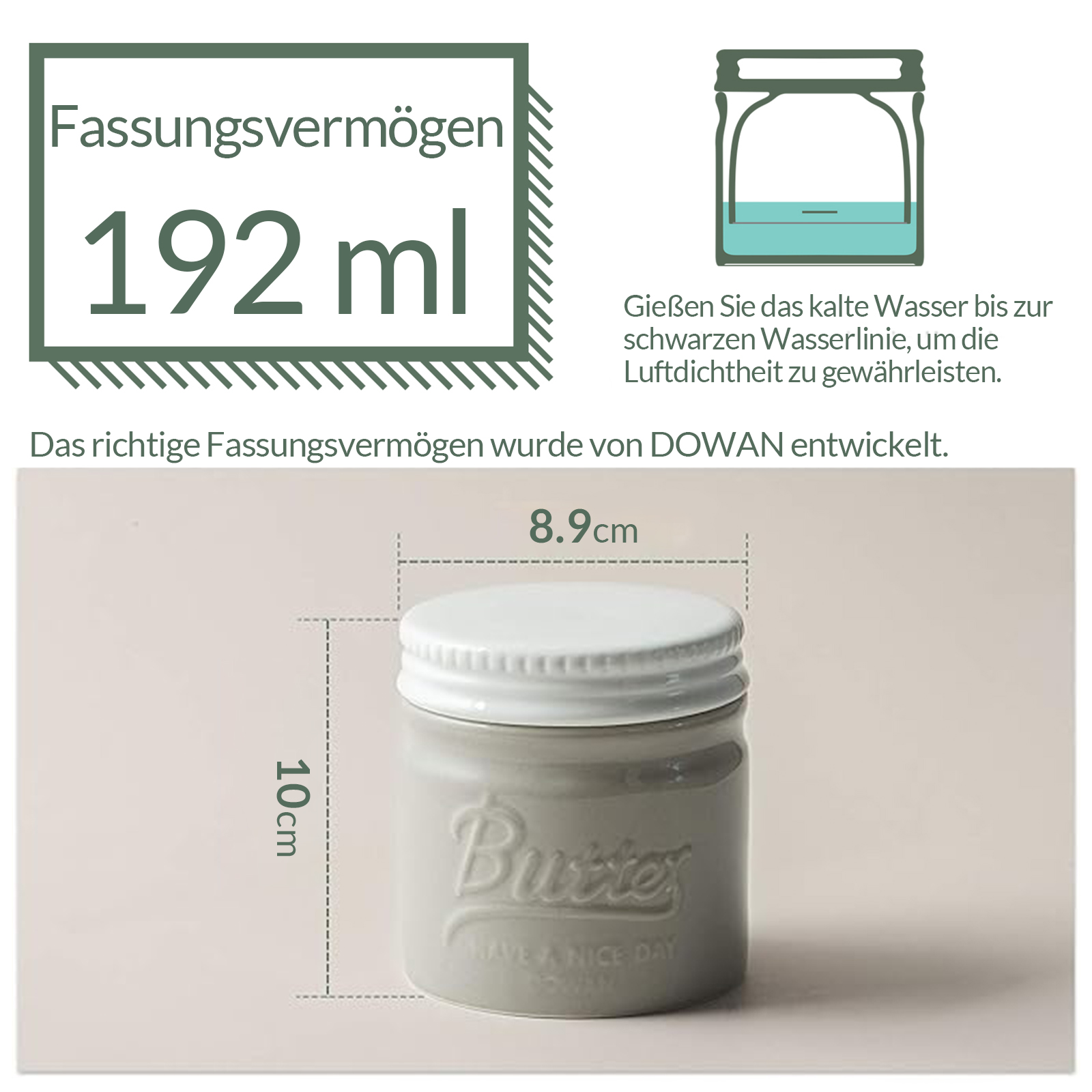 Ein graues Butterglas mit Text, weißem Deckel und Diagramm mit 192 ml Fassungsvermögen.